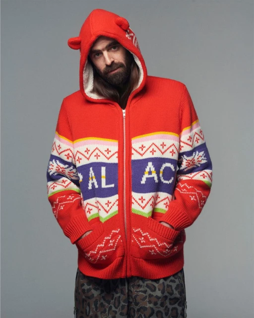 Man in a red hooded cardigan with a pattern and the word 'PALACE', standing against a grey studio backdrop, looking at the camera.