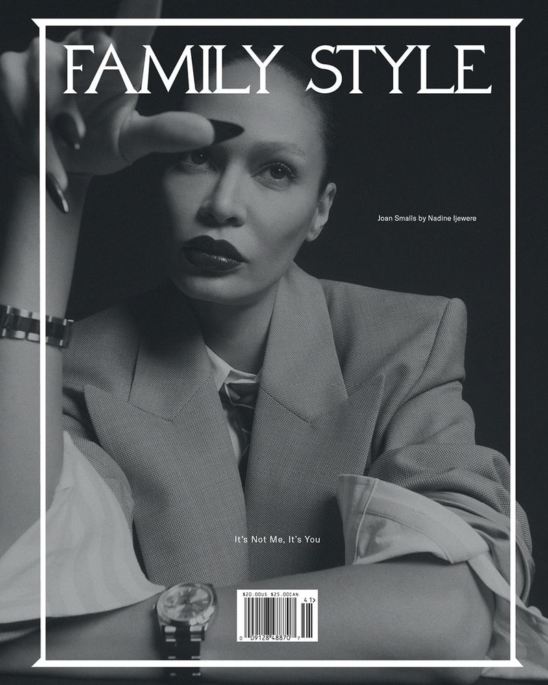 Monochrome magazine cover featuring a woman in a blazer with glossy lips, dark manicure, and a stylish wristwatch. The magazine's title is 'FAMILY STYLE'.