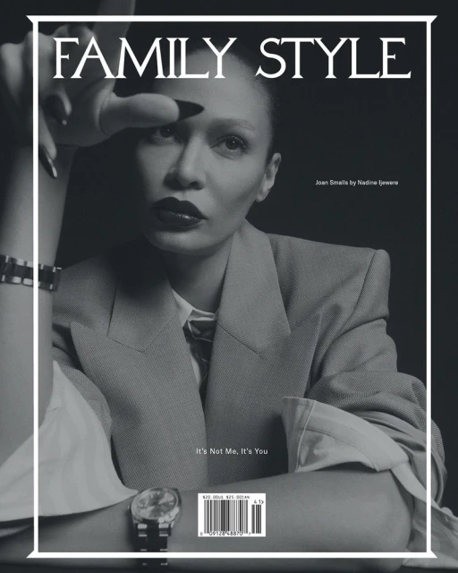 Monochrome magazine cover featuring a woman in a blazer with glossy lips, dark manicure, and a stylish wristwatch. The magazine's title is 'FAMILY STYLE'.
