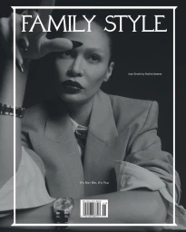 Joan Smalls wearing a structured grey blazer and wristwatch with dark lipstick, shot in monochrome for Family Style