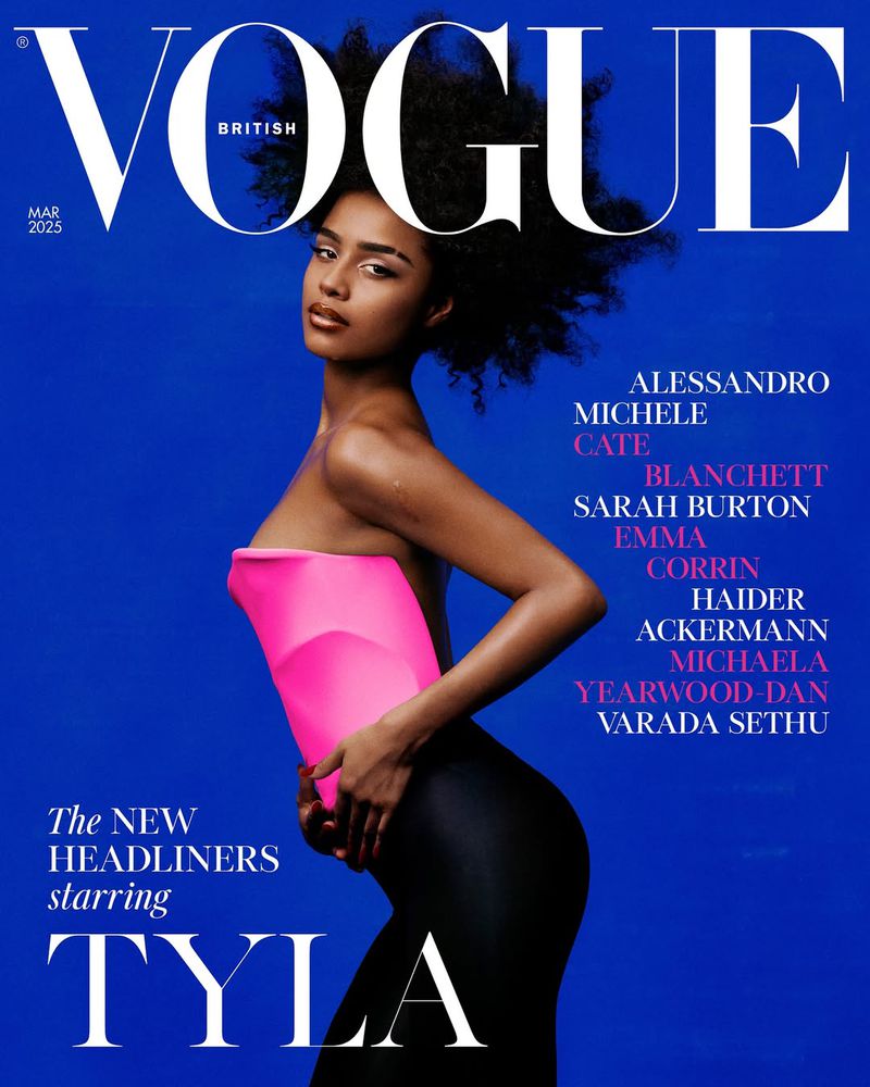 British Vogue magazine cover featuring Tyla in a neon pink top and black leggings against a vibrant blue backdrop, bold Vogue masthead.