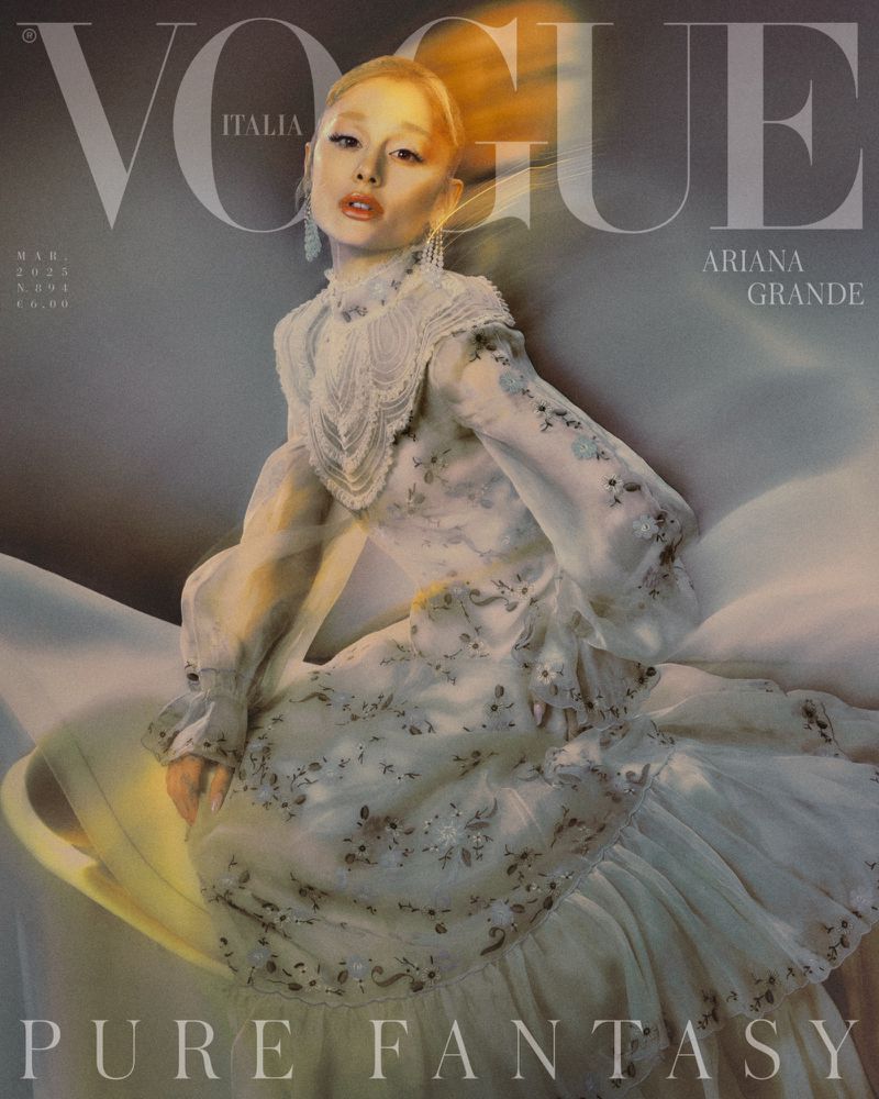 Vogue Italia cover featuring Ariana Grande in an ornate gown. The cover features large Vogue Italia text and "Pure Fantasy" text.