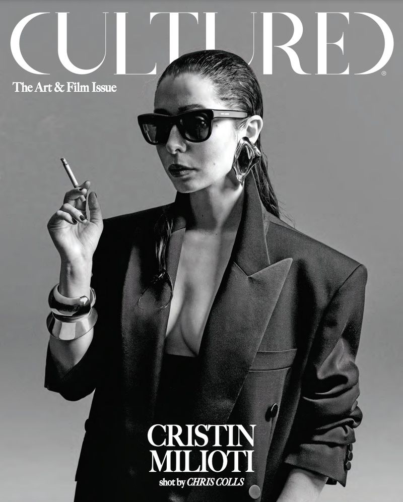 Black and white fashion magazine cover featuring Cristin Milioti in an oversized blazer, hoop earrings, and sunglasses, holding a cigarette.