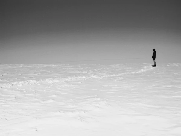 Monochrome landscape featuring a distant, solitary figure standing on a snow-covered field under a grey sky, emphasizing isolation.