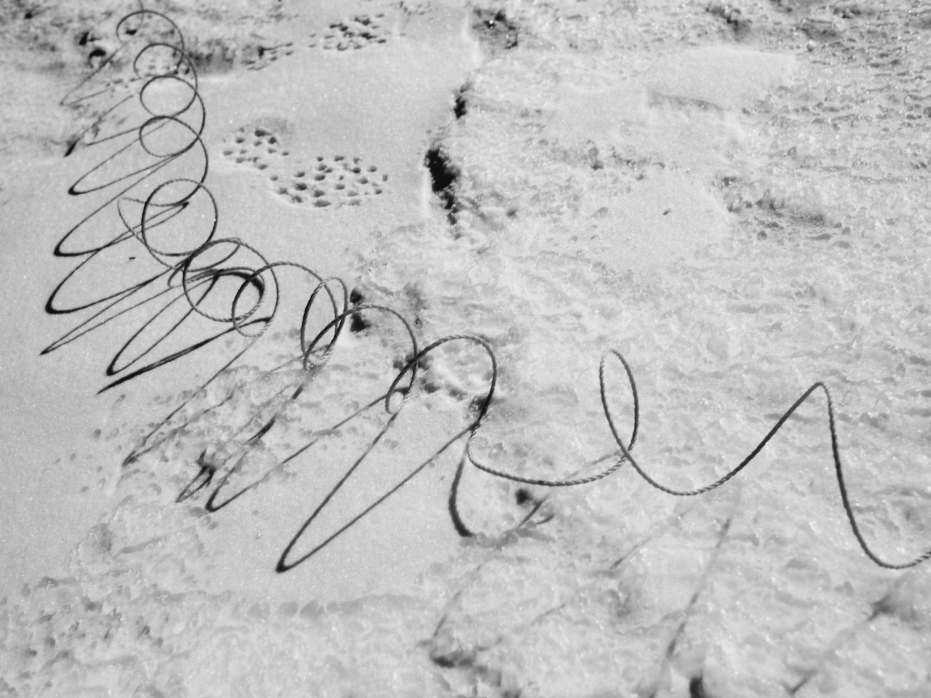 Black and white photo of a coiled metal wire laying on a snowy surface, creating a minimalist, abstract design in a natural outdoor setting.