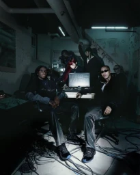 Group of models in dark clothing and sneakers gathered in a dimly lit basement studio with exposed pipes and computer monitors.