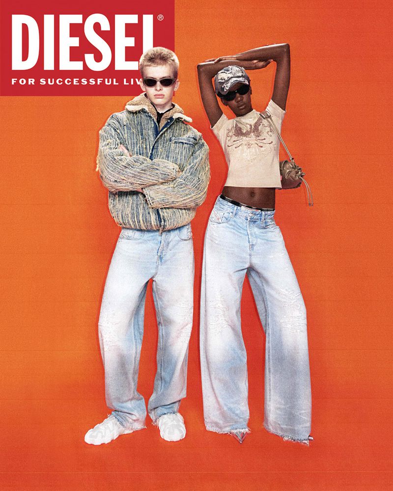 A fashion shot against an orange background featuring two models wearing trendy denim jeans and jackets, showcasing a modern, stylish aesthetic.
