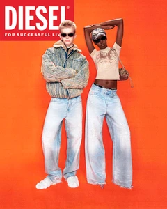 Two models wearing denim and sunglasses against a vibrant orange backdrop with Diesel branding at the top left.