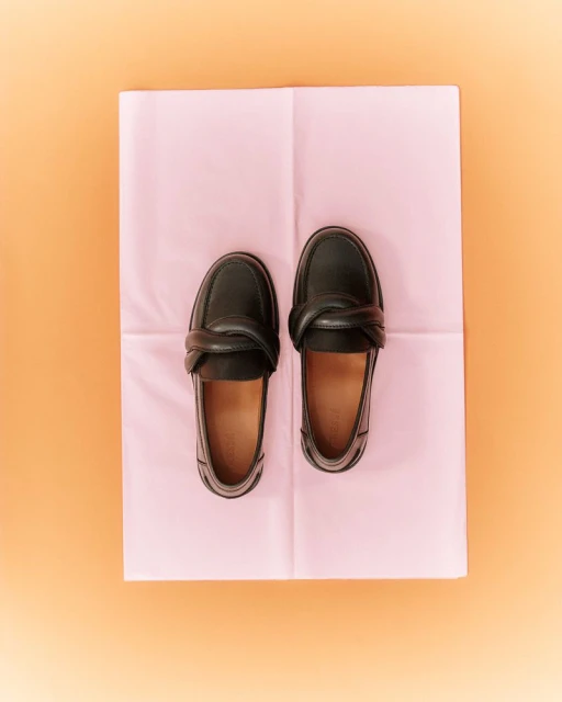 Overhead studio shot of a pair of black leather twisted knot loafers on a folded pink tissue paper background against a peach backdrop.