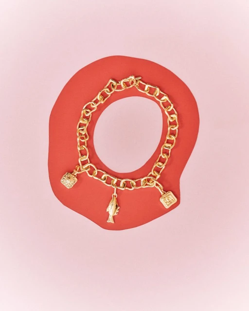 Gold charm bracelet featuring charms shaped like a heart, fish, and logo against a salmon background, jewelry concept, studio shot.