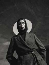Model wearing a dark wool coat and hood looking down against a textured stone archway for Agnona Fall Winter 25.