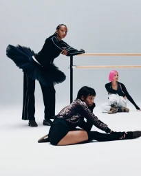 Three models in sportswear posing against a ballet barre in a white studio setting for the Puma Speedcat campaign
