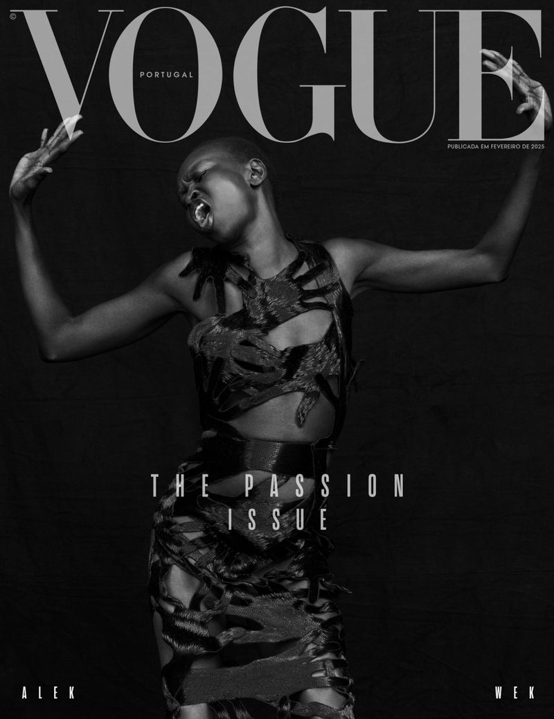 Black and white Vogue Portugal cover featuring Alek Wek in a cutout dress, arms raised against a dark background, showcasing bold typography.