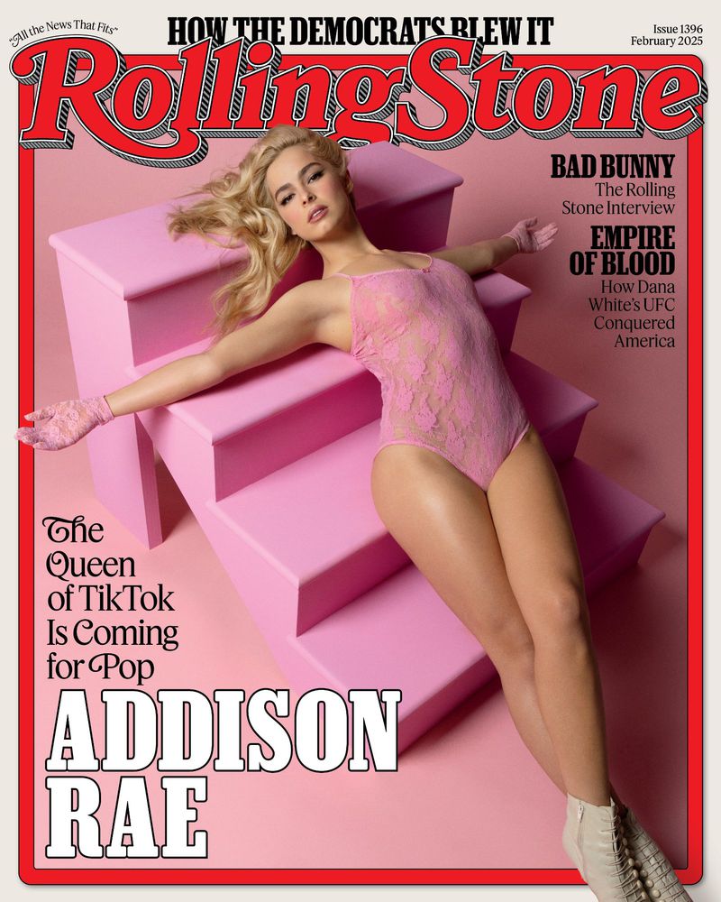 Rolling Stone magazine cover featuring Addison Rae in a pink lace bodysuit, posed on pink stairs, with the magazine's title and issue details.