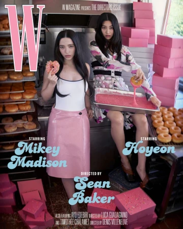 Magazine cover featuring models Mikey Madison and Hoyeon in a bakery setting, holding donuts and glaze. The cover promotes W Magazine's The Director's Issue.