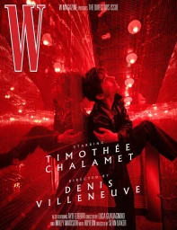 Timothée Chalamet posing in a dark jacket against a vibrant red-lit architectural background for W Magazine.