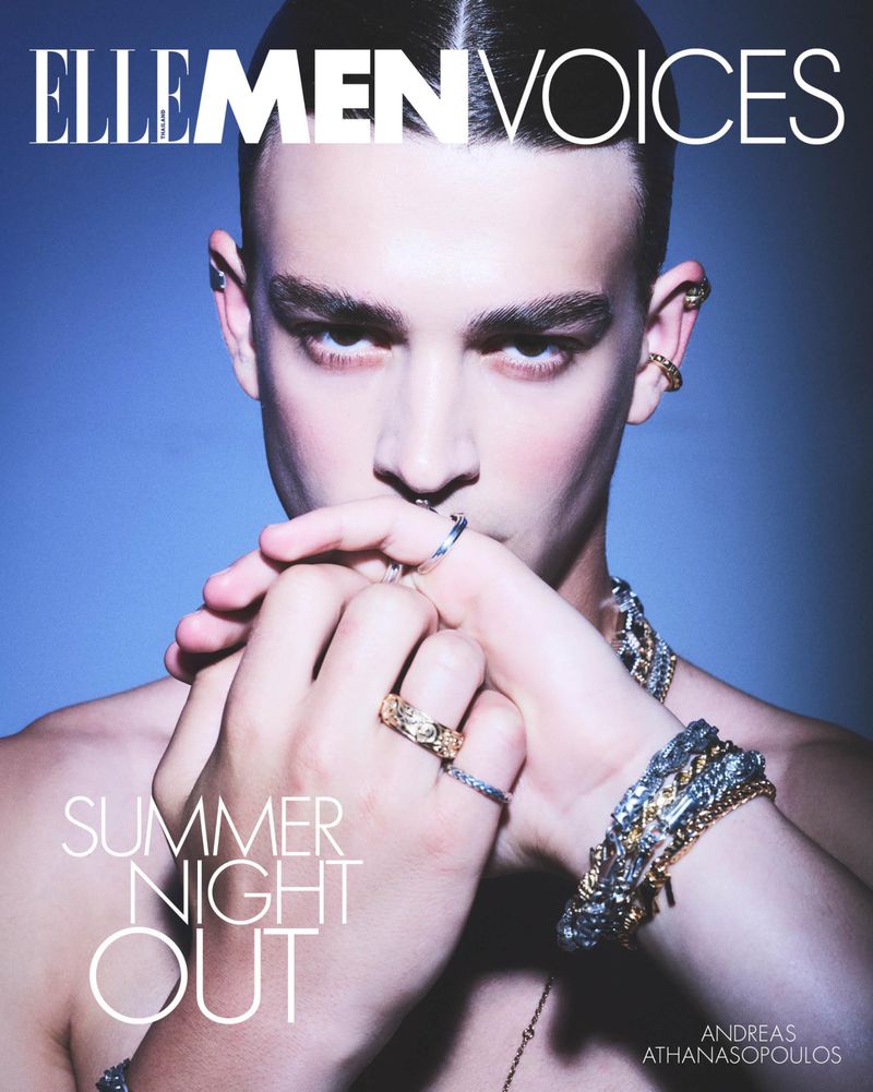 Elle Men cover features a young adult male with dark hair and jewelry, wearing rings and bracelets against a gradient blue backdrop.