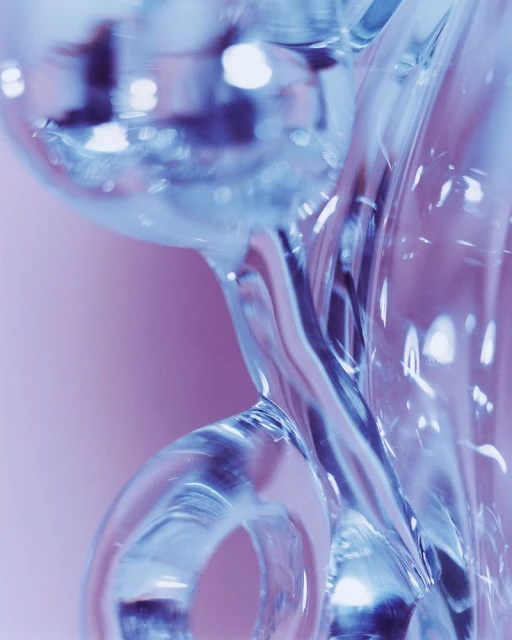 Abstract photograph of curved, clear glass or plastic sculpture with blue and purple color gradient against a light pink background.