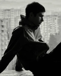 Monochrome portrait of a young man wearing a zipped jacket against a blurred cityscape background.