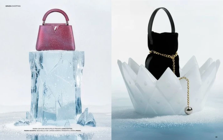 Two luxury handbags, a pink top-handle bag on an ice block and a black pouch bag in a white lotus bowl, presented against a white background.