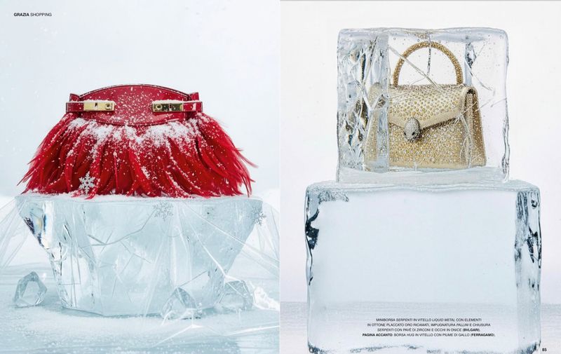 Fashion editorial featuring a red feather purse with snow on an ice block next to a gold beaded purse inside a block of ice.