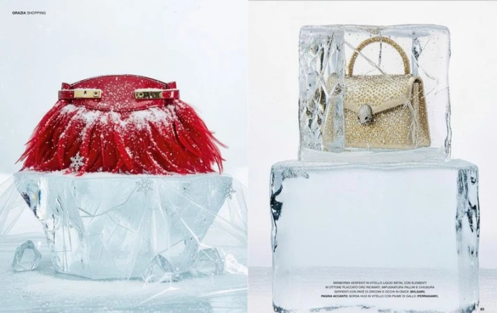 Fashion editorial featuring a red feather purse with snow on an ice block next to a gold beaded purse inside a block of ice.