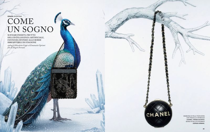 Artistic fashion magazine spread featuring a peacock adorned with a handbag and a Chanel purse hanging from a branch. 