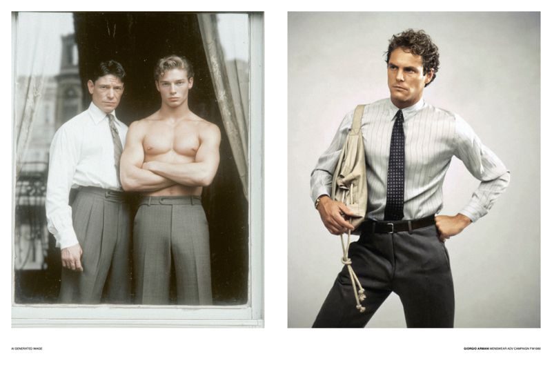 Two men on left and a man holding a bag on right in an editorial spread for Lampoon Magazine tribute to Giorgio Armani.