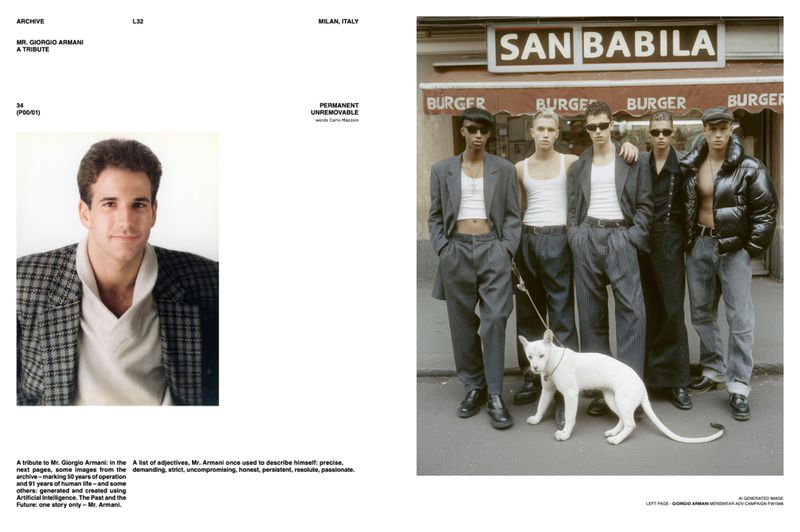 A group of five men posing in front of a burger restaurant, one holding a white dog on a leash, in an urban setting.