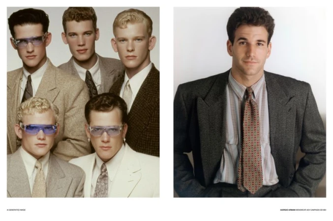 Group of men in suits and sunglasses in a fashion-style image, featuring one individual in a suit and tie, against white backgrounds.
