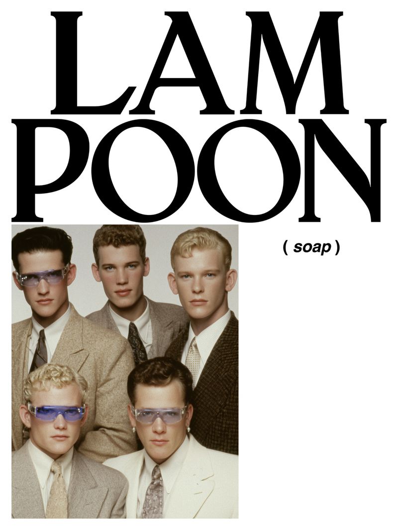 Group portrait of five light-skinned young men in suits and sunglasses, standing in front of a title card for (soap) 'Lampoon'.