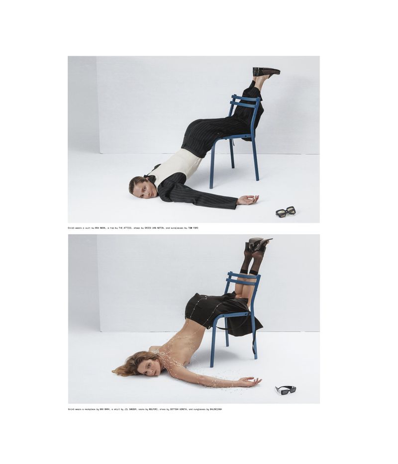 Two photos show fashion models in blazers and trousers, striking poses on chairs against a stark white backdrop, with sunglasses nearby.