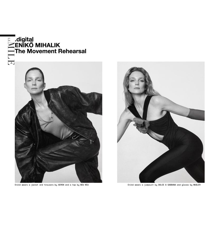 Black and white fashion editorial layout featuring model Eniko Mihalik posing in a leather jacket and dark trousers.