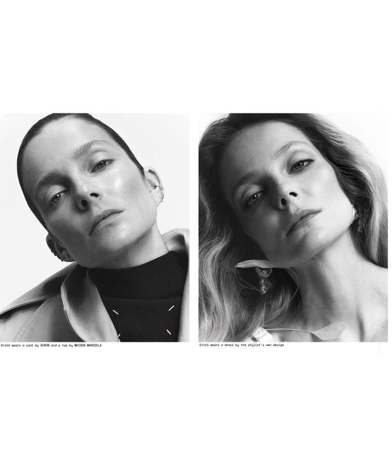 Black and white diptych portrait of model Eniko Mihalik looking downward against a bright studio background.
