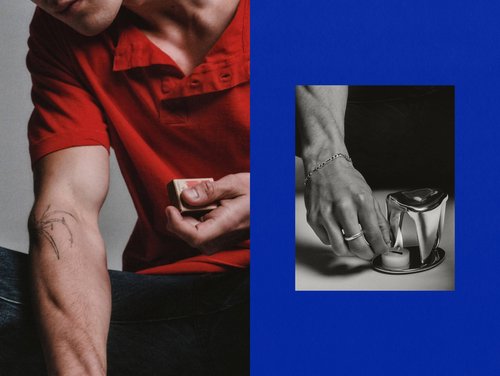 Man's arm with tattoo holding a matchbox, alongside a photo of a hand lighting a candle, set against a vibrant blue backdrop.