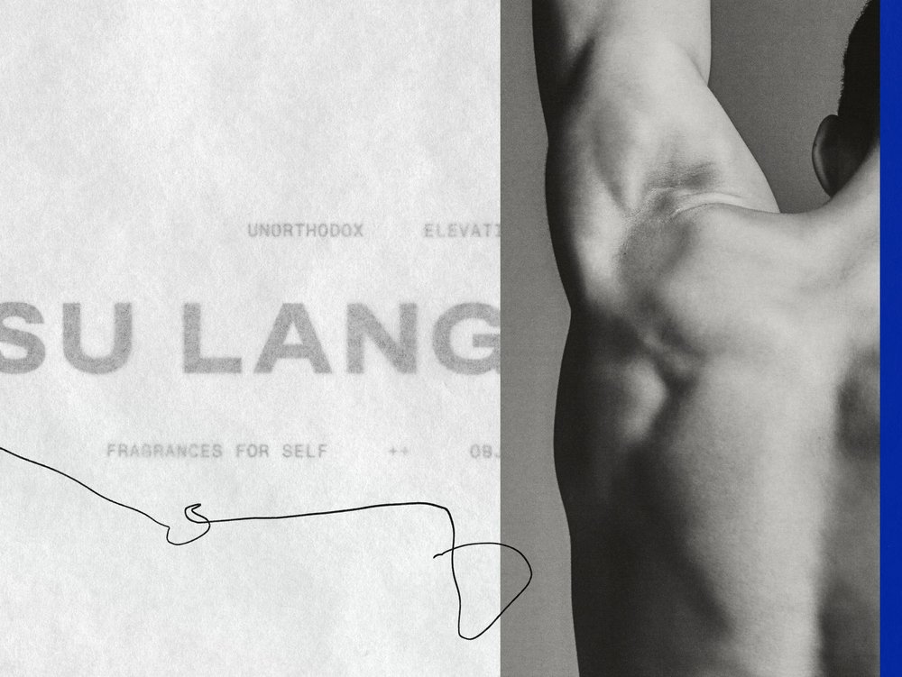 Monochrome portrait of a torso with muscular physique, juxtaposed with a minimalist design featuring stylized line art and text.