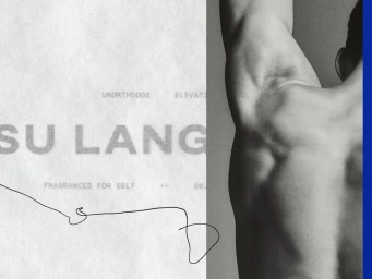 Monochrome close-up of a man's muscular back with arm raised alongside textured branding text for Tsu Lange Yor