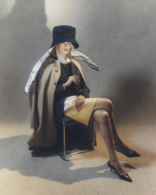 Stylish woman in a black hat and beige trench coat sits on a chair in a studio with soft lighting, showcasing fashion and elegance.