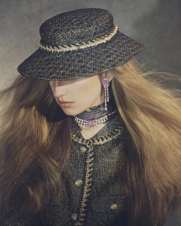 Fashion portrait of a woman wearing a wide-brimmed hat, jacket, and jewelry with long blonde hair against a muted grey studio backdrop.