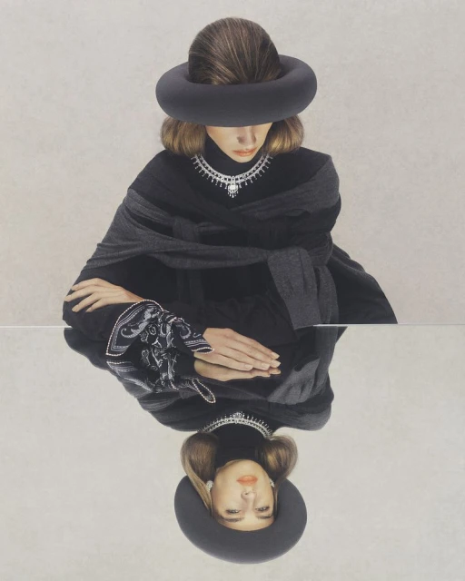 Woman in a black hat and clothes with a mirrored reflection, against a neutral background. Fashion and portrait photography.