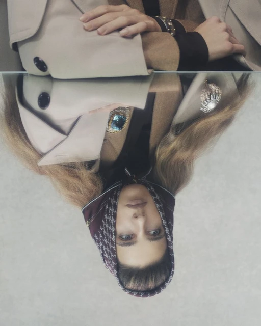 Woman wearing a patterned headscarf and a tan trench coat is reflected in a glass surface, offering a mirrored perspective.