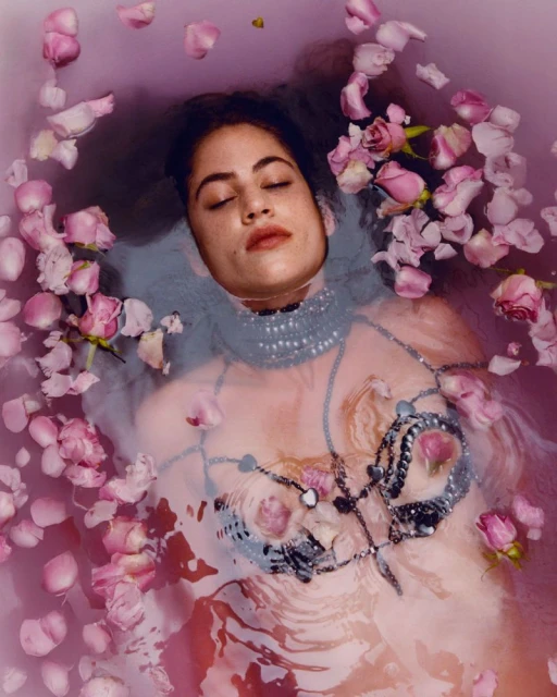Woman relaxes in a lavender-tinted bath filled with pink roses and petals, adorned with jewelry, showcasing a serene and luxurious scene.
