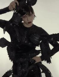 Model wearing a black feathered dress with bird motifs and dark lipstick against a neutral light background