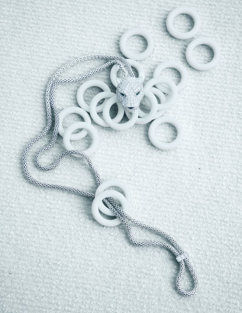 Animal-shaped pendant on a silver chain, surrounded by many white rings on a textured white background. Jewelry product shot.