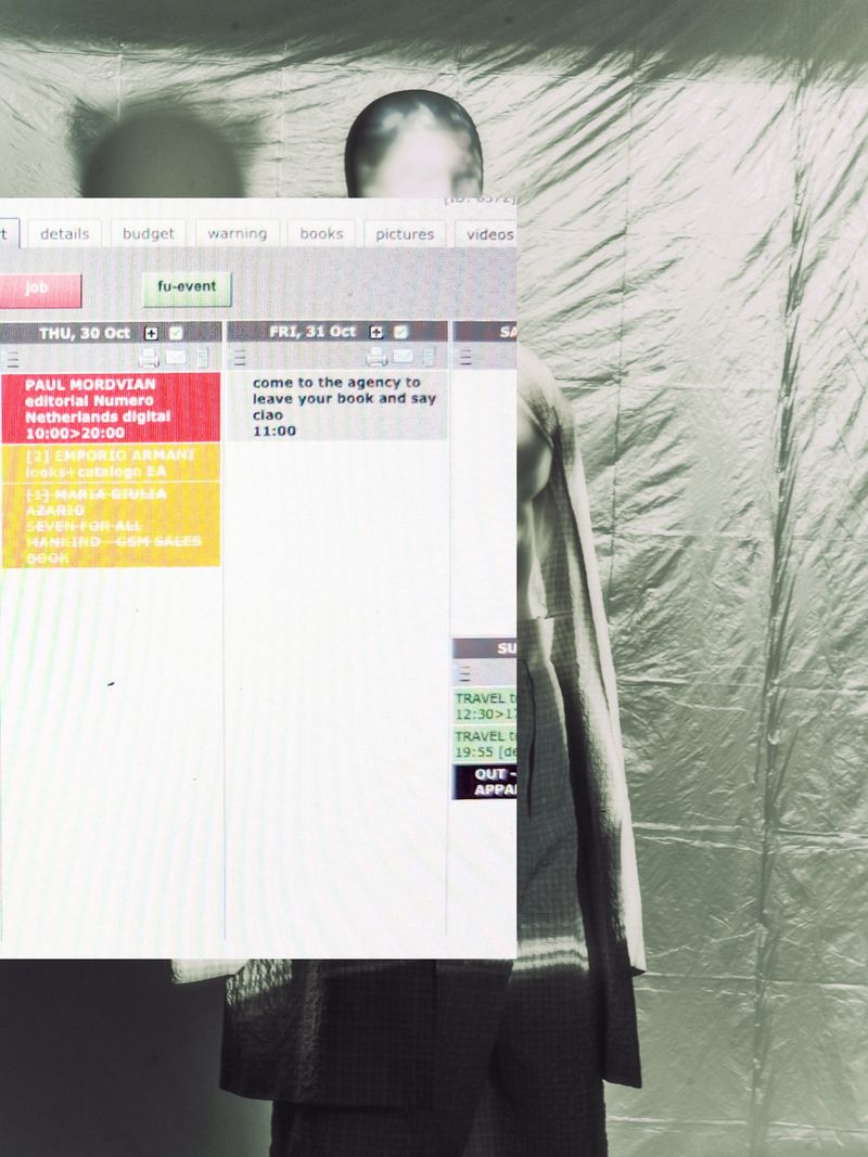 Abstract portrait with person partially obscured by a floating computer screen displaying a calendar and schedule against wrinkled foil.