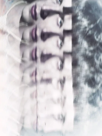 Abstract image of a woman's face with multiple exposures, featuring purple lipstick and a blurred, ethereal effect. Soft, filtered lighting.
