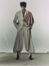 Man wearing a cream tailored suit, wide trousers, and a draped patterned scarf against a plain studio background.