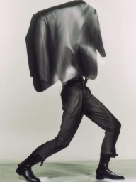 Surreal fashion image of a model walking in dark tailored trousers and black leather boots beneath an abstracted, motion-blurred blazer.