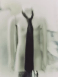 Blurred fashion shot of a dark necktie worn on a bare torso against a pale background