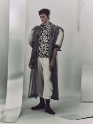Man wearing a sheer coat, printed shirt, light trousers and dark boots standing in a minimalist studio setting.